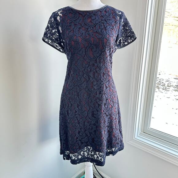 Club Monaco Navy Blue Lace Leather Trim Knee Length Layered Dress Size 6 - Picture 1 of 7